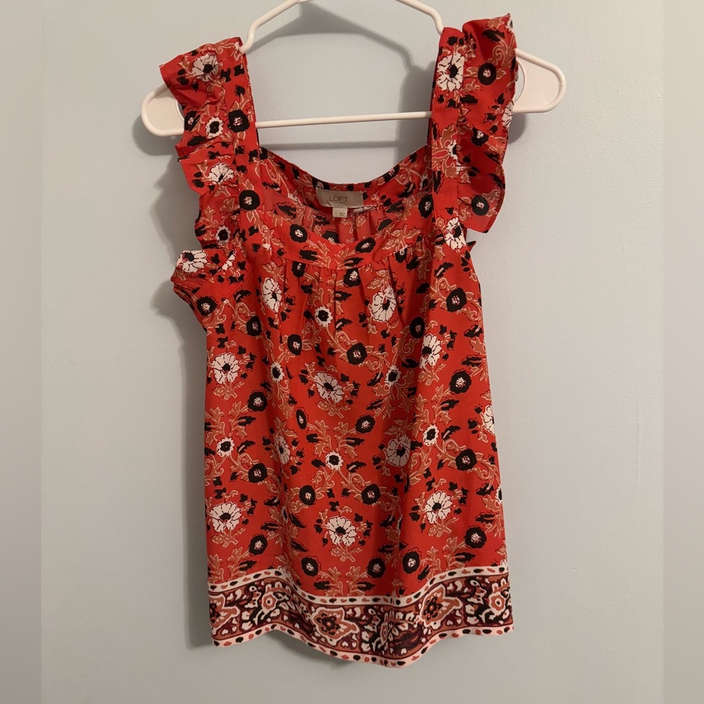 Loft Loose Floral Red Blouse Size Small